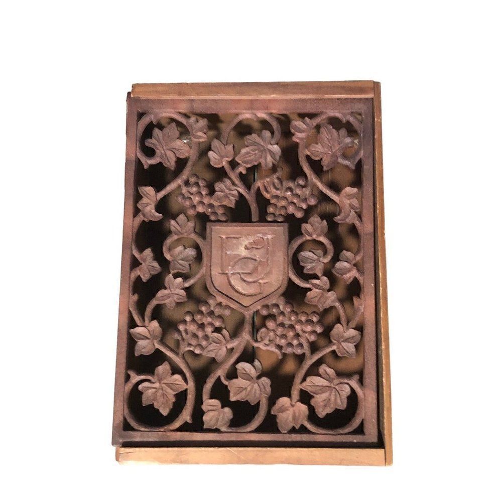 Ernest Julio Gallo Wine Box Storage Crate Grapevine Carved Sliding Cover Wood